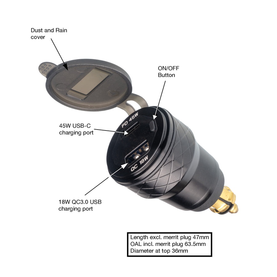 PA032 Dual port USB-C and USB-A power adapter/voltmeter
