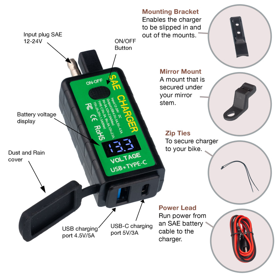 PA013C SAE to USB & USB-C Charger and Voltmeter