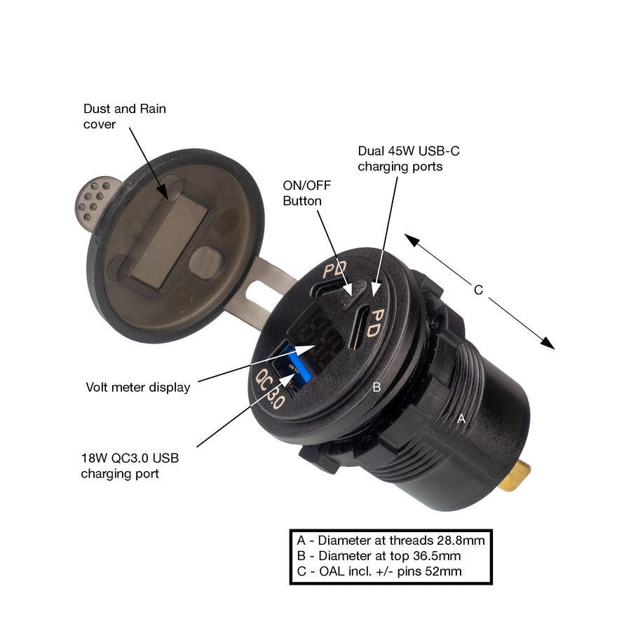PA033 Dual port USB-C and USB-A power adapter/voltmeter